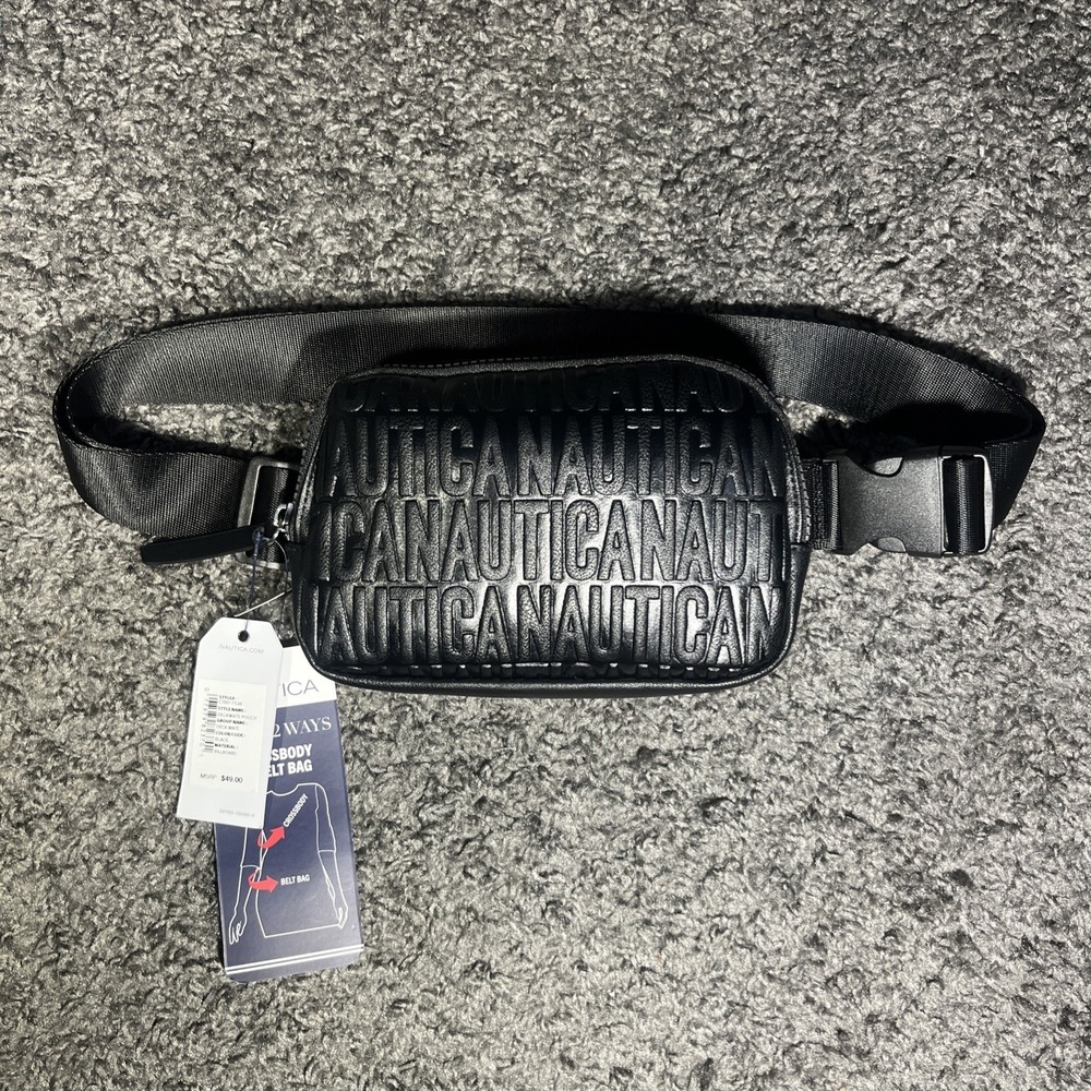 Nautica Deckmate Pouch Black Embossed Logo RFID Crossbody Belt Bag New With Tags